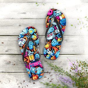 Video Game Graffiti Flip-Flops, Gamer Slippers, Luxury Style, Gift For Her